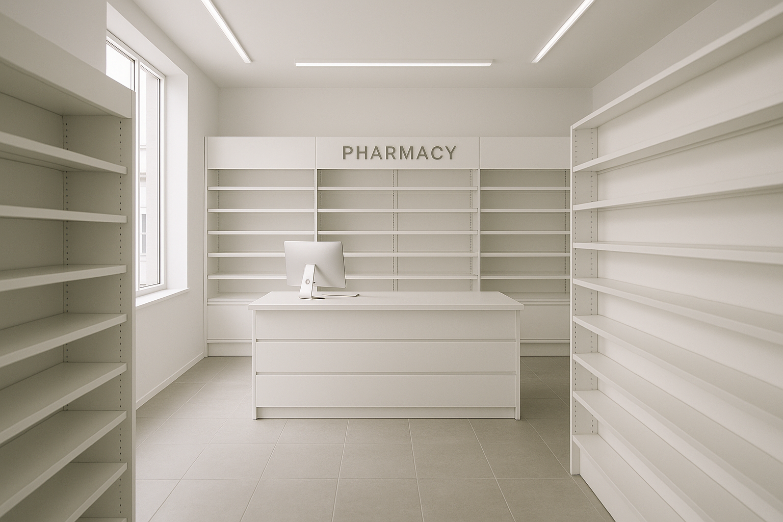 Empty pharmacy interior with paper-white surfaces and daylight