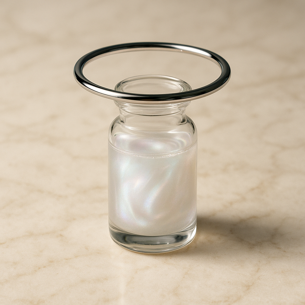 Iridescent liquid in a glass capsule on cream marble