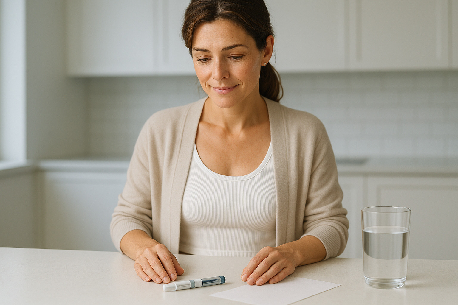 Pre-filled injection pen on a paper sheet beside a glass of water